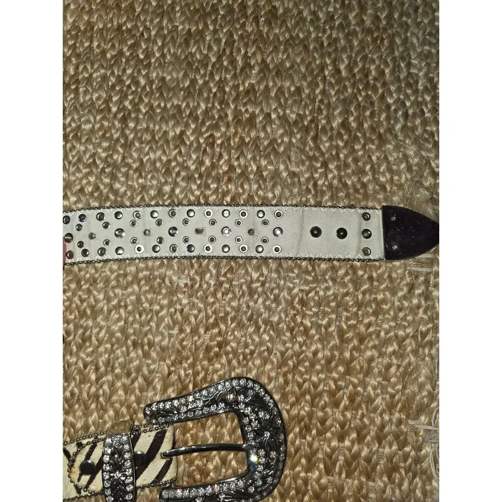 Atlas Western Calf Hair Zebra Print Pink Rhinestones Silver Studded Belt 34 XS